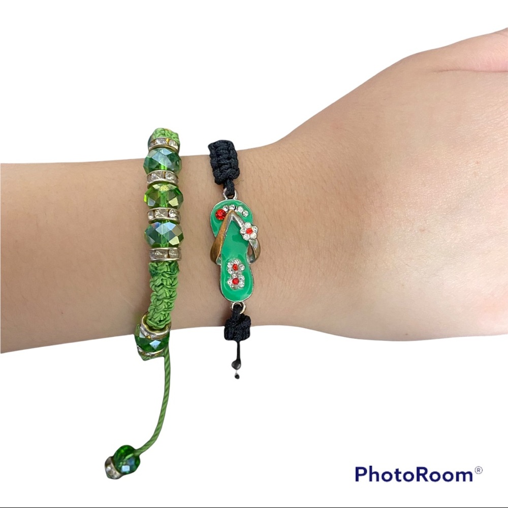 Adjustable Braided Rope Bracelets 1 Flip Flop and 1 Green Sparkling Beads
